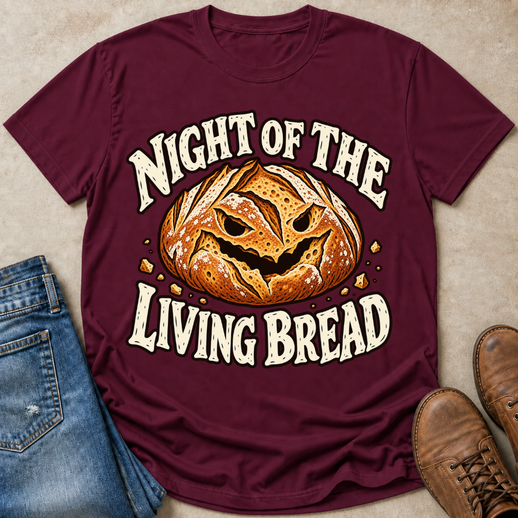 A maroon short-sleeve graphic T-shirt laid flat on a beige surface, styled with blue jeans on the left and brown boots on the right. The shirt features a large front print reading “NIGHT OF THE LIVING BREAD” around an illustrated carved loaf of bread.