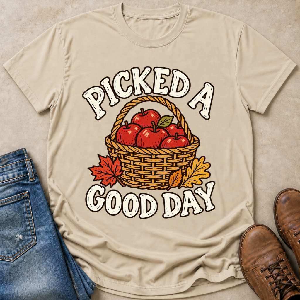 A beige graphic t-shirt featuring a wicker basket of red apples with the text 'PICKED A GOOD DAY' in white. The shirt is styled in a flat lay with blue jeans on the left and brown leather shoes on the right, set against a textured beige background.