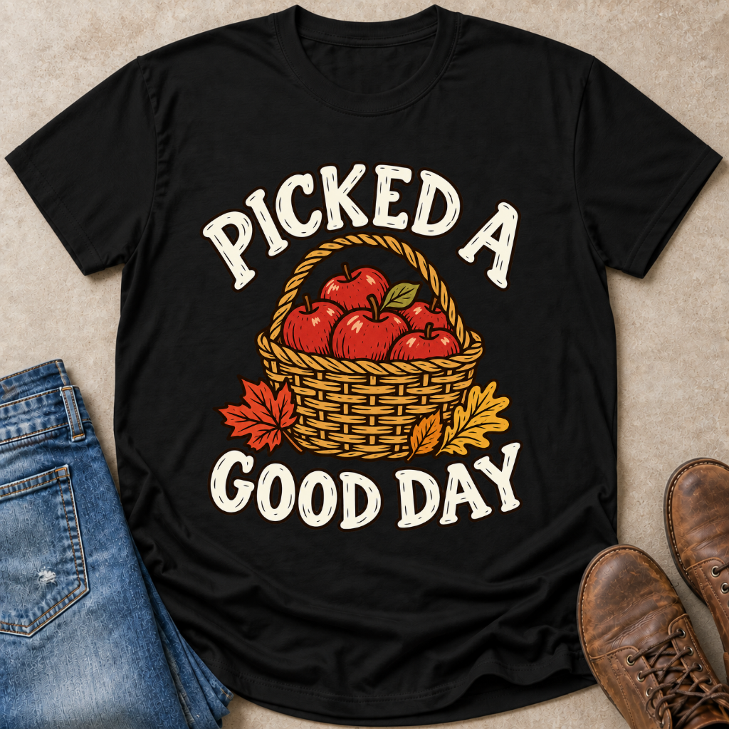 A black short-sleeve graphic T-shirt laid flat on a beige surface, styled with blue jeans, brown shoes, and autumn leaves. The shirt features a large front print reading “PICKED A GOOD DAY” around an illustration of a wicker basket filled with red apples and fall leaves.