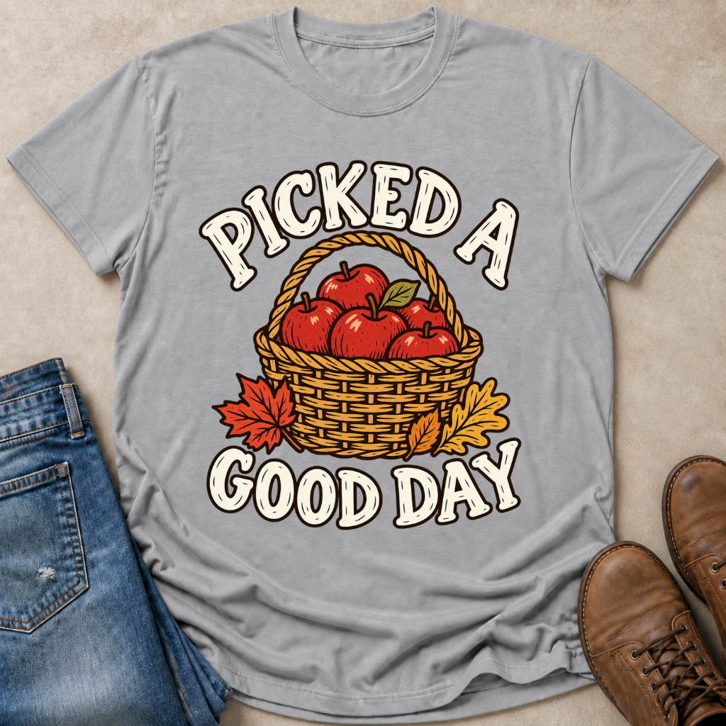 A light gray graphic t-shirt laid flat on a beige surface, styled with blue jeans on the left and brown leather shoes on the right. The t-shirt features a graphic of a wicker basket filled with red apples and autumn leaves, with the text 'PICKED A GOOD DAY' in white arched lettering.
