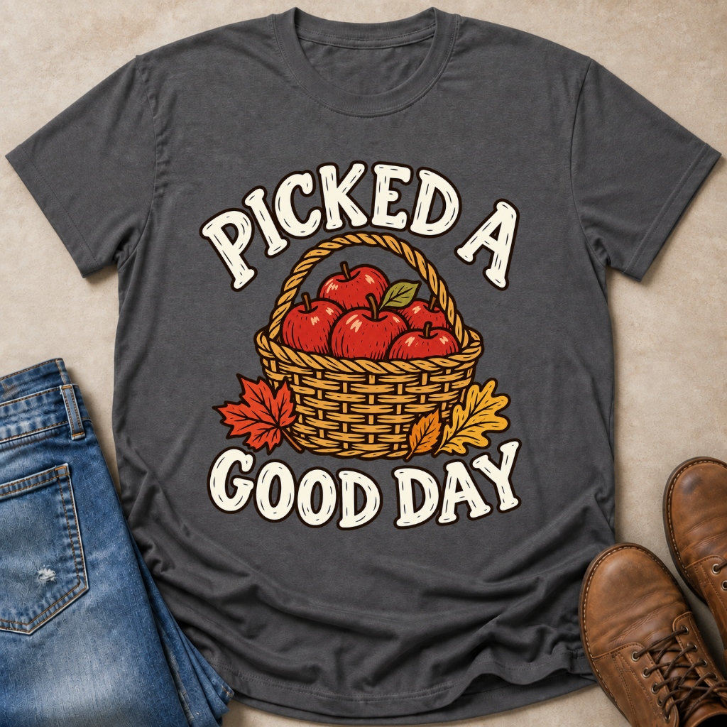 A dark gray graphic t-shirt laid flat on a beige surface, styled with blue jeans on the left and brown boots on the right. The t-shirt features a graphic of a wicker basket filled with red apples and autumn leaves, with the text 'PICKED A GOOD DAY' in white arched above and below.