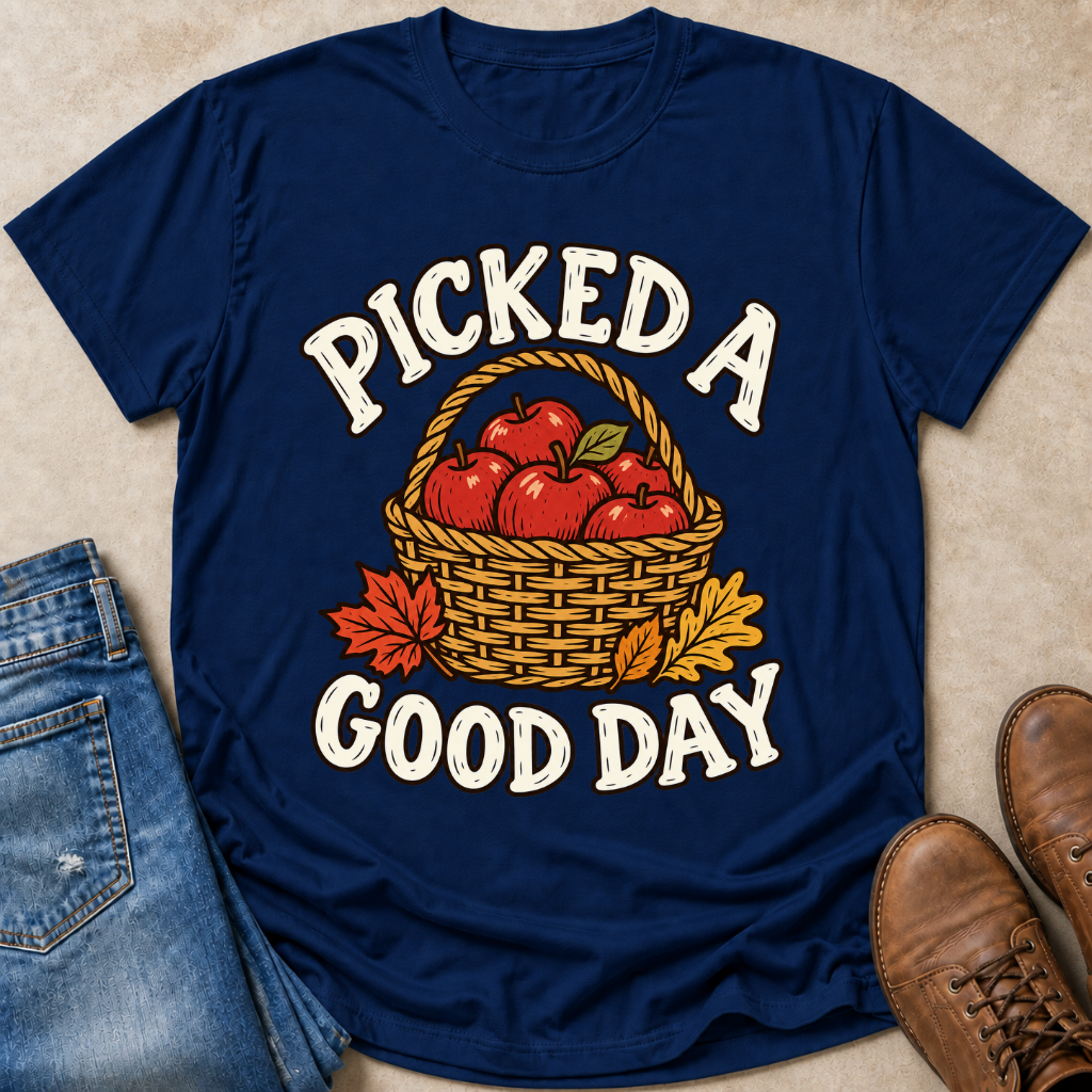 A navy blue graphic t-shirt laid flat on a beige surface, styled with blue jeans on the left and brown boots on the right. The t-shirt features a graphic of a wicker basket filled with red apples and autumn leaves, with the text 'PICKED A GOOD DAY' in white arched lettering.