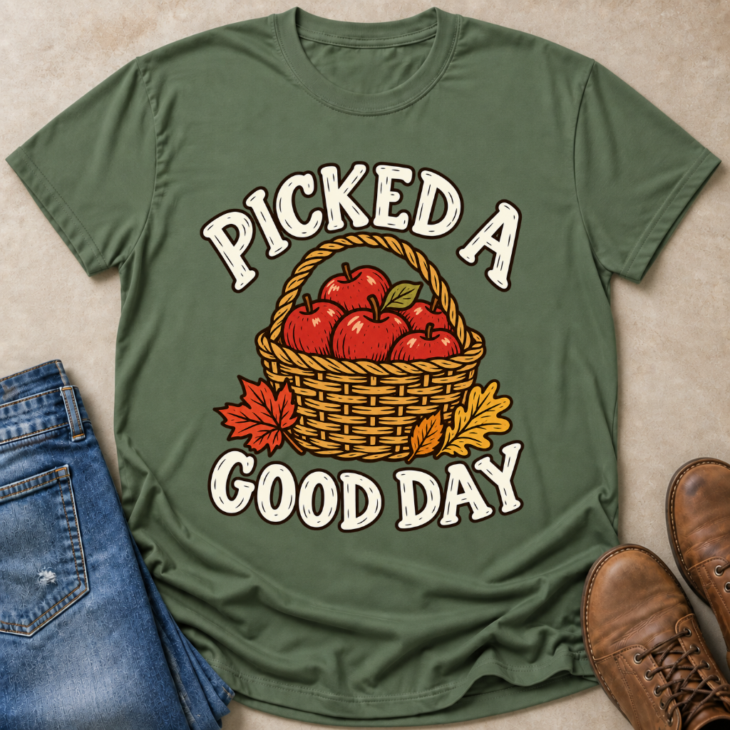 An olive green graphic t-shirt laid flat on a beige textured surface, styled with blue jeans, brown boots, and autumn leaves. The t-shirt features a graphic of a wicker basket filled with red apples and the text 'PICKED A GOOD DAY' in white arched letters.