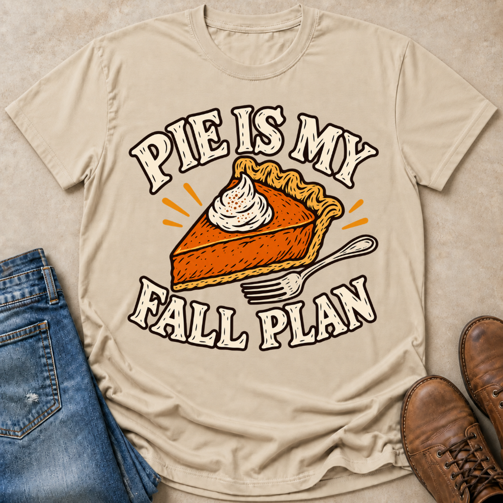 A beige graphic t-shirt laid flat on a textured beige surface, styled with blue jeans on the left and brown boots on the right. The t-shirt features a graphic of a slice of pumpkin pie with whipped cream and the text 'PIE IS MY FALL PLAN' in a stylized white font with black outlines.