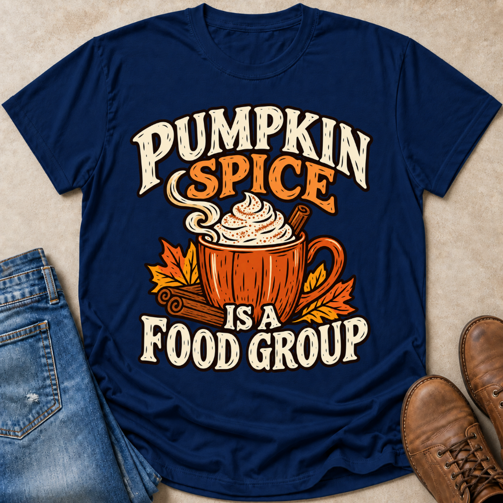 A navy blue graphic t-shirt laid flat on a beige surface, styled with blue jeans on the left and brown boots on the right. The t-shirt features a 'Pumpkin Spice is a Food Group' design with an illustration of a hot cocoa mug with whipped cream and autumn leaves.