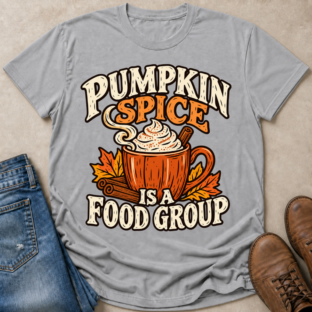 A light gray graphic t-shirt laid flat on a beige surface, styled with blue jeans on the left and brown leather shoes on the right. The t-shirt features a 'Pumpkin Spice is a Food Group' design with an illustration of a hot cocoa mug, cinnamon stick, whipped cream, and autumn leaves.