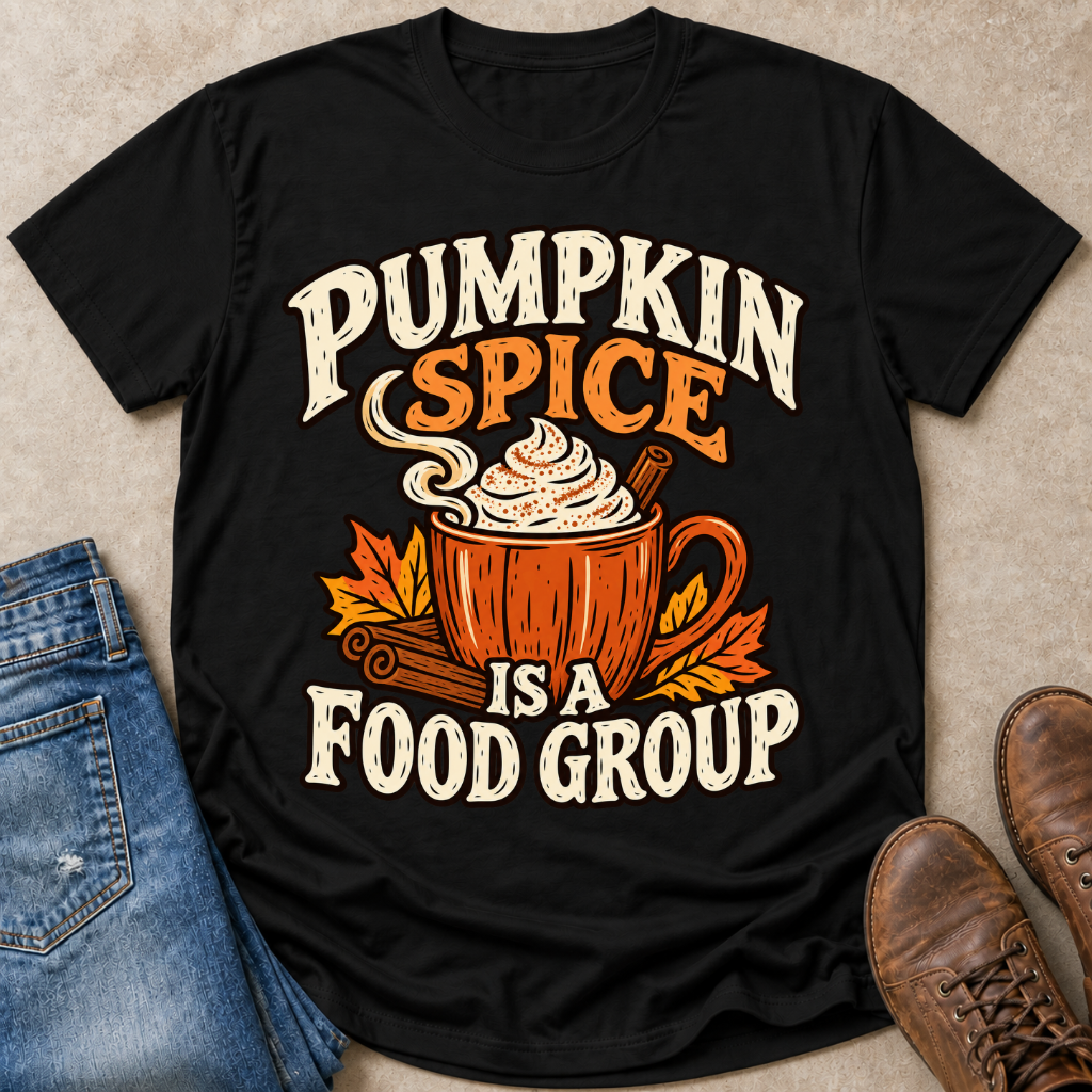 A black short-sleeve graphic T-shirt laid flat on a beige surface, styled with blue jeans, brown shoes, and autumn props. The shirt features a large printed design reading “PUMPKIN SPICE IS A FOOD GROUP” around an illustration of a hot mug with whipped cream, cinnamon stick, and orange leaves.