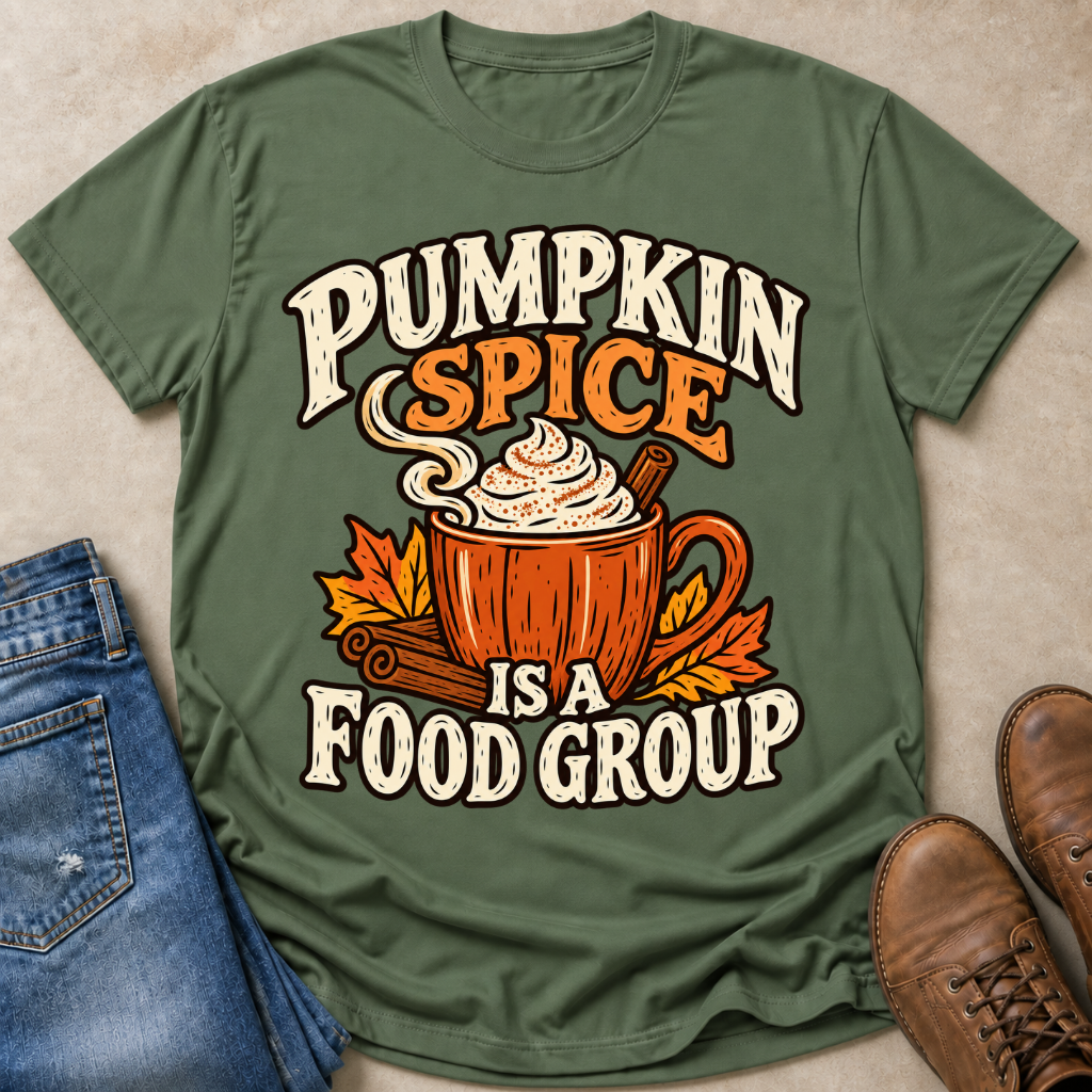 An olive green graphic t-shirt laid flat on a beige textured surface, styled with blue jeans on the left and brown leather shoes on the right. The t-shirt features a 'Pumpkin Spice is a Food Group' graphic with an illustration of a hot cocoa mug, cinnamon stick, whipped cream, and autumn leaves.