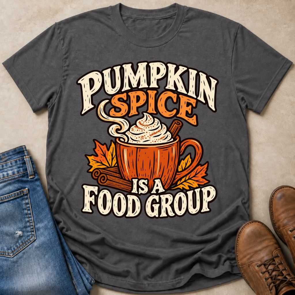 A dark gray graphic t-shirt laid flat on a beige surface, styled with blue jeans and brown boots. The t-shirt features a 'Pumpkin Spice is a Food Group' design with an illustration of a hot cocoa mug, cinnamon stick, whipped cream, and autumn leaves.