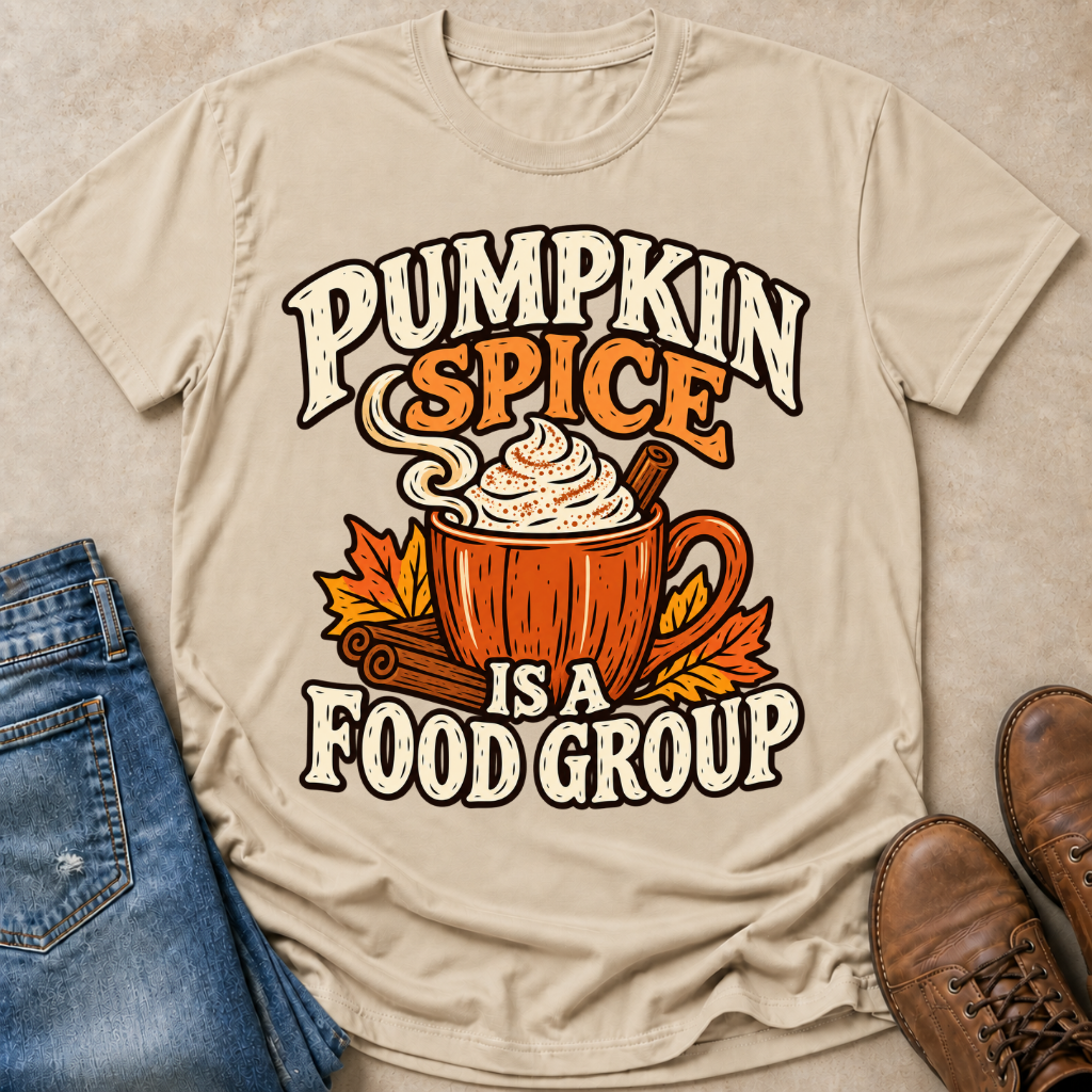 A beige graphic t-shirt laid flat on a textured beige surface, styled with blue jeans on the left and brown leather shoes on the right. The t-shirt features a graphic of a hot cocoa mug with whipped cream and a cinnamon stick, surrounded by autumn leaves, with the text 'PUMPKIN SPICE IS A FOOD GROUP'.