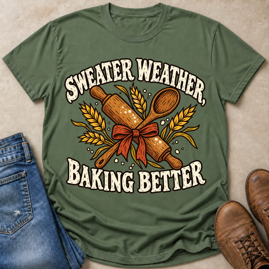 An olive green graphic t-shirt laid flat on a beige textured surface, styled with blue jeans, brown leather shoes, and a wooden rolling pin. The t-shirt features a graphic with the text 'SWEATER WEATHER, BAKING BETTER' surrounding a rolling pin, wooden spoon, wheat ears, and a red ribbon.