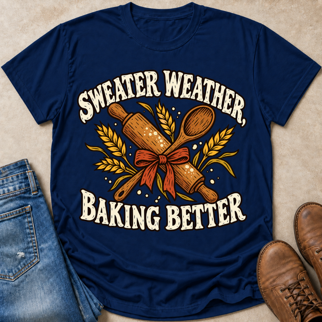 A navy blue graphic t-shirt laid flat on a beige surface, styled with blue jeans on the left and brown boots on the right. The t-shirt features a graphic with the text 'SWEATER WEATHER, BAKING BETTER' in white, surrounded by a rolling pin, wooden spoon, wheat stalks, and a red ribbon.