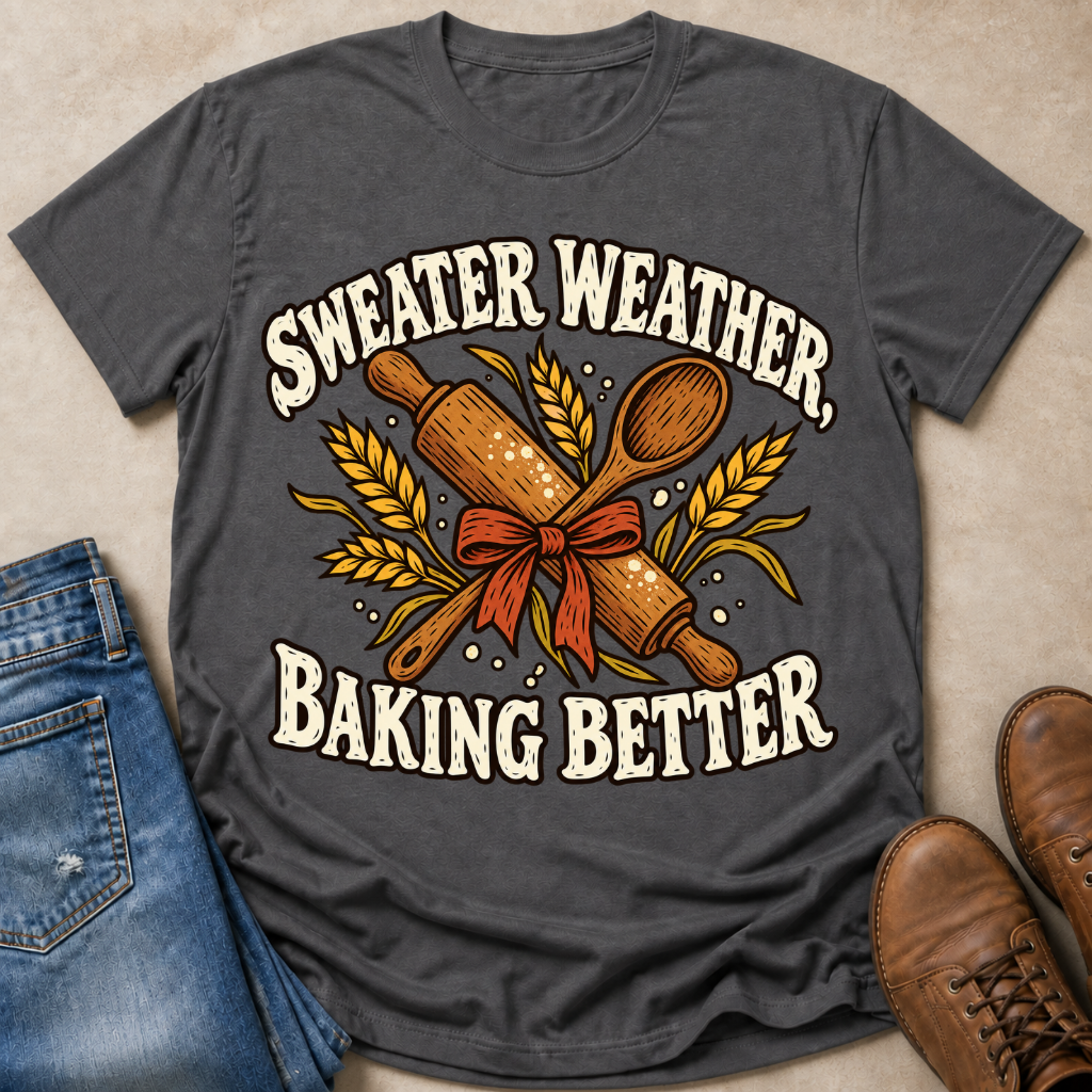 A dark gray graphic t-shirt laid flat on a beige surface, styled with blue jeans, brown shoes, and a wooden rolling pin. The t-shirt features a graphic with the text 'SWEATER WEATHER, BAKING BETTER' surrounding a rolling pin, wooden spoon, wheat ears, and an orange ribbon.