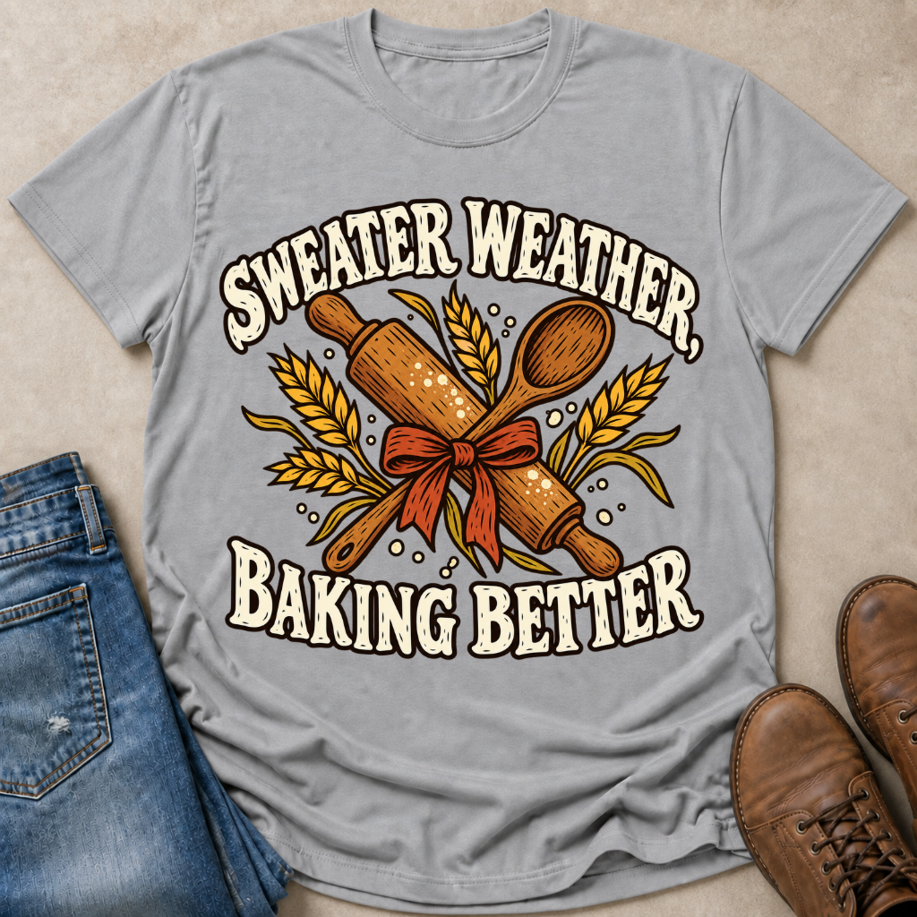 A light gray graphic t-shirt laid flat on a beige surface, styled with blue jeans on the left and brown leather shoes on the right. The t-shirt features a retro-style illustration of a wooden rolling pin and wooden spoon tied with an orange-brown ribbon, surrounded by golden wheat stalks, with the text 'SWEATER WEATHER, BAKING BETTER'.