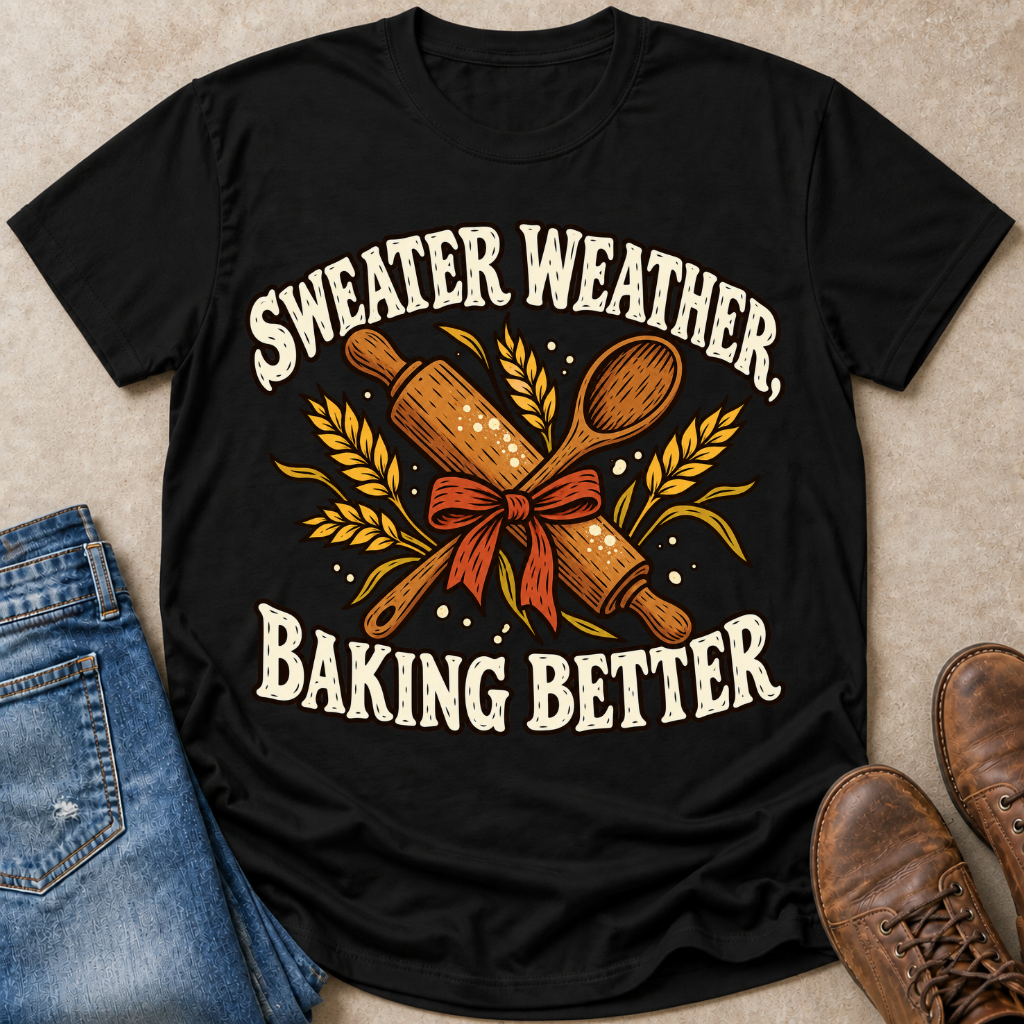 A black graphic t-shirt laid flat on a textured beige surface, styled with blue jeans, brown shoes, and a red ribbon. The t-shirt features a retro-style graphic with the text 'SWEATER WEATHER, BAKING BETTER' surrounding a rolling pin, wooden spoon, wheat ears, and a red bow.