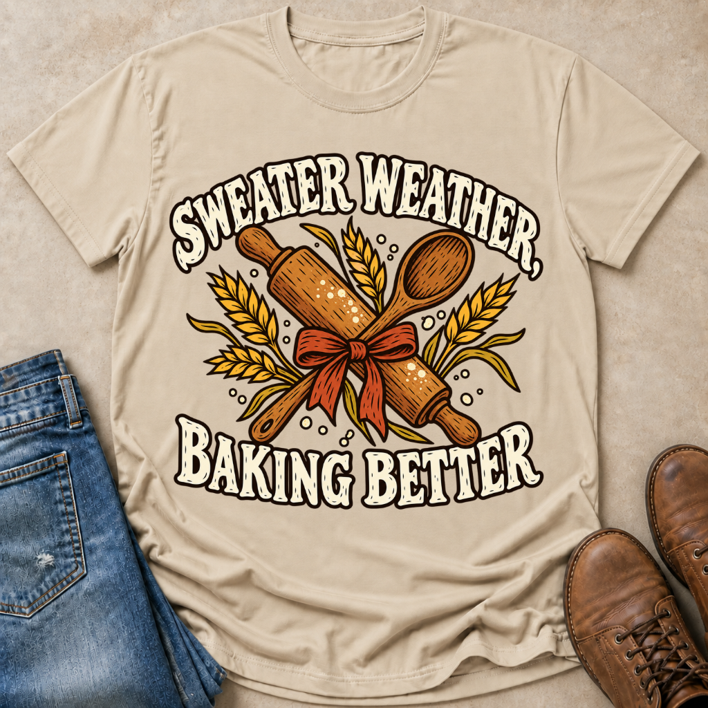 A beige graphic t-shirt laid flat on a textured beige surface, styled with blue jeans on the left and brown leather shoes on the right. The t-shirt features a graphic design with the text 'SWEATER WEATHER, BAKING BETTER' surrounding a wooden rolling pin, wooden spoon, wheat stalks, and an orange-red ribbon.