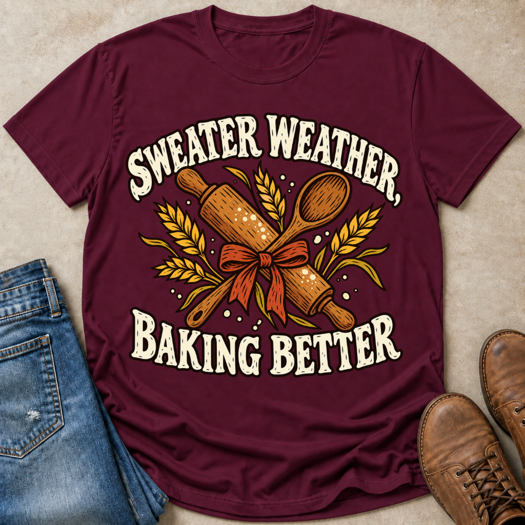 A maroon short-sleeve graphic T-shirt laid flat on a beige textured surface, styled with blue jeans, brown shoes, and a wooden rolling pin. The shirt reads 'SWEATER WEATHER, BAKING BETTER' with a rolling pin, wooden spoon, wheat ears, and orange ribbon graphic.