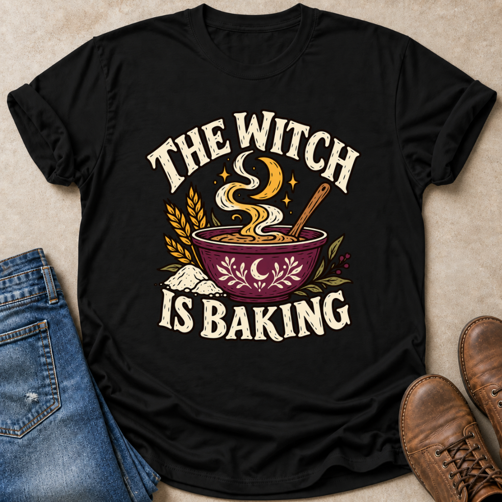 A black short-sleeve graphic T-shirt laid flat on a beige surface, styled with blue jeans on the left and brown boots on the right. The shirt features a large retro-style baking graphic with the words “THE WITCH IS BAKING” in cream around an illustration of a bowl of steaming bread, wheat ears, flour, and a wooden spoon.