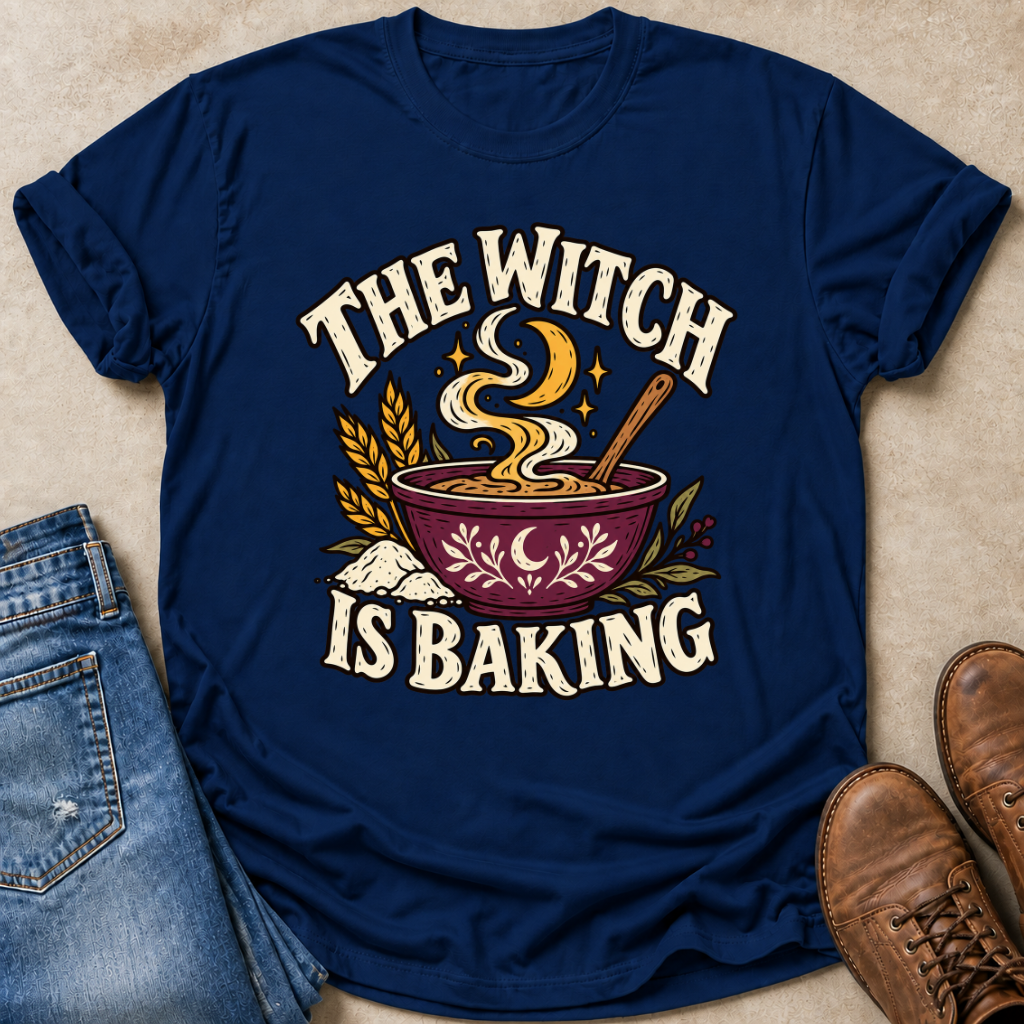 A navy blue graphic t-shirt laid flat on a beige textured surface, styled with blue jeans on the left and brown leather shoes on the right. The t-shirt features a graphic of a bowl of steaming baking mix with wheat stalks and the text 'THE WITCH IS BAKING' in cream and gold.