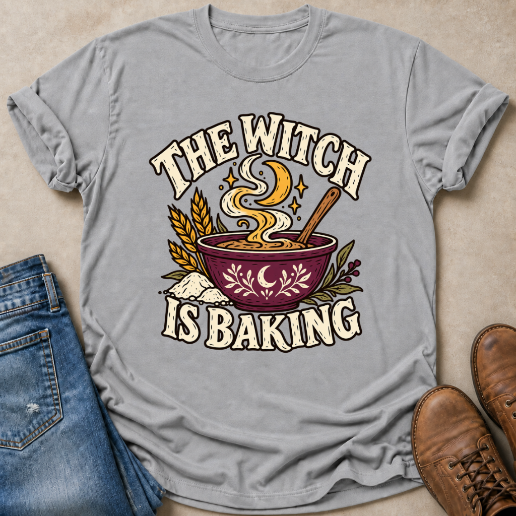 A light gray graphic t-shirt laid flat on a beige surface, styled with blue jeans and brown leather shoes. The t-shirt features a graphic of a witch's baking bowl with steam, wheat stalks, and the text 'THE WITCH IS BAKING' in a cream-colored arched font.