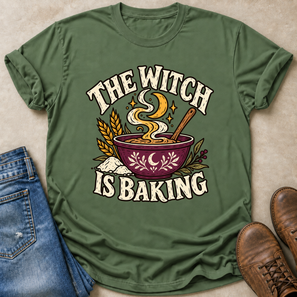 An olive green graphic t-shirt laid flat on a beige surface, styled with blue jeans and brown leather shoes. The t-shirt features a graphic of a witch's bowl with baking ingredients and the text 'THE WITCH IS BAKING'.