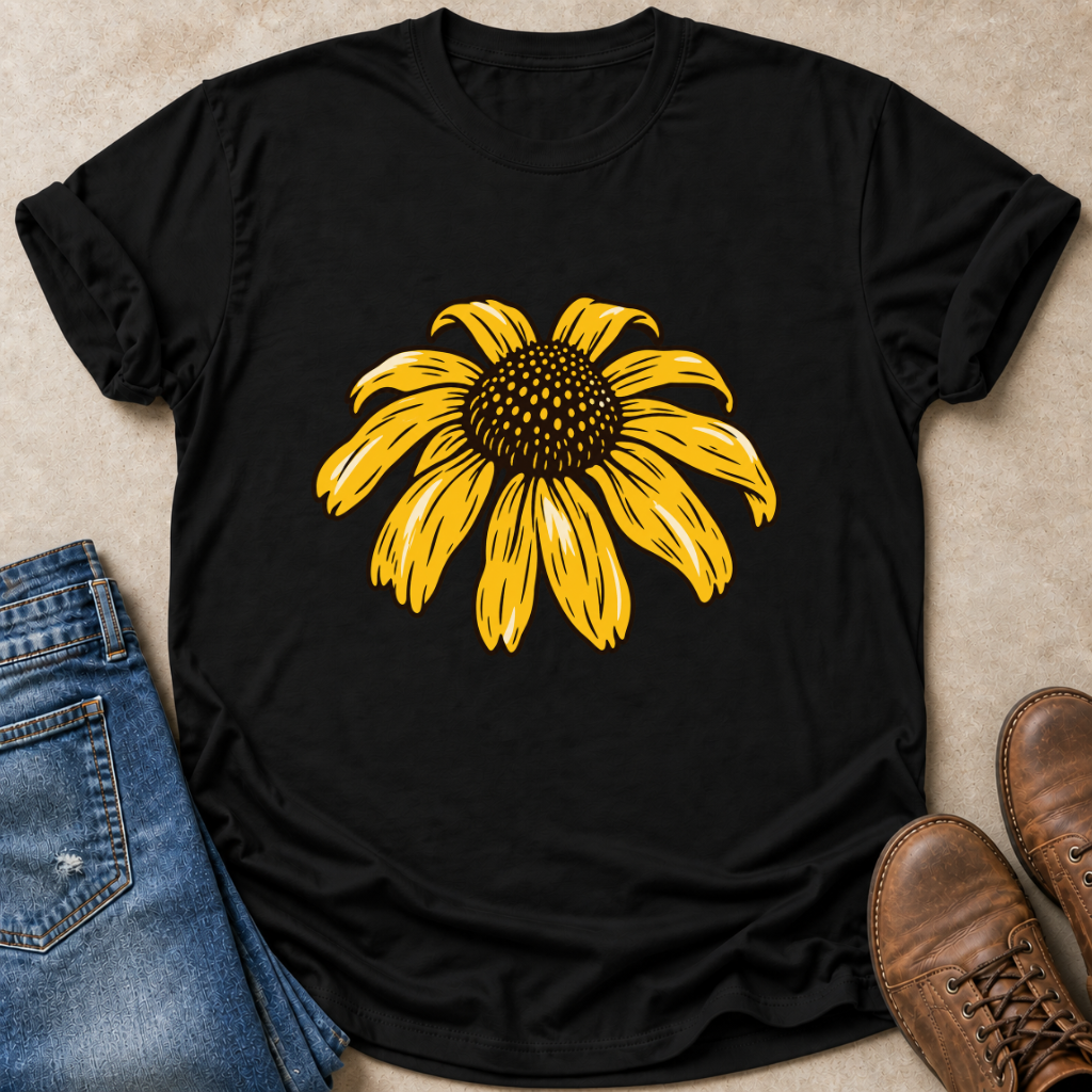 A black short-sleeve crewneck t-shirt featuring a large yellow and brown black-eyed susan graphic on the front, styled in a flat lay with blue jeans and brown leather boots on a beige textured background.