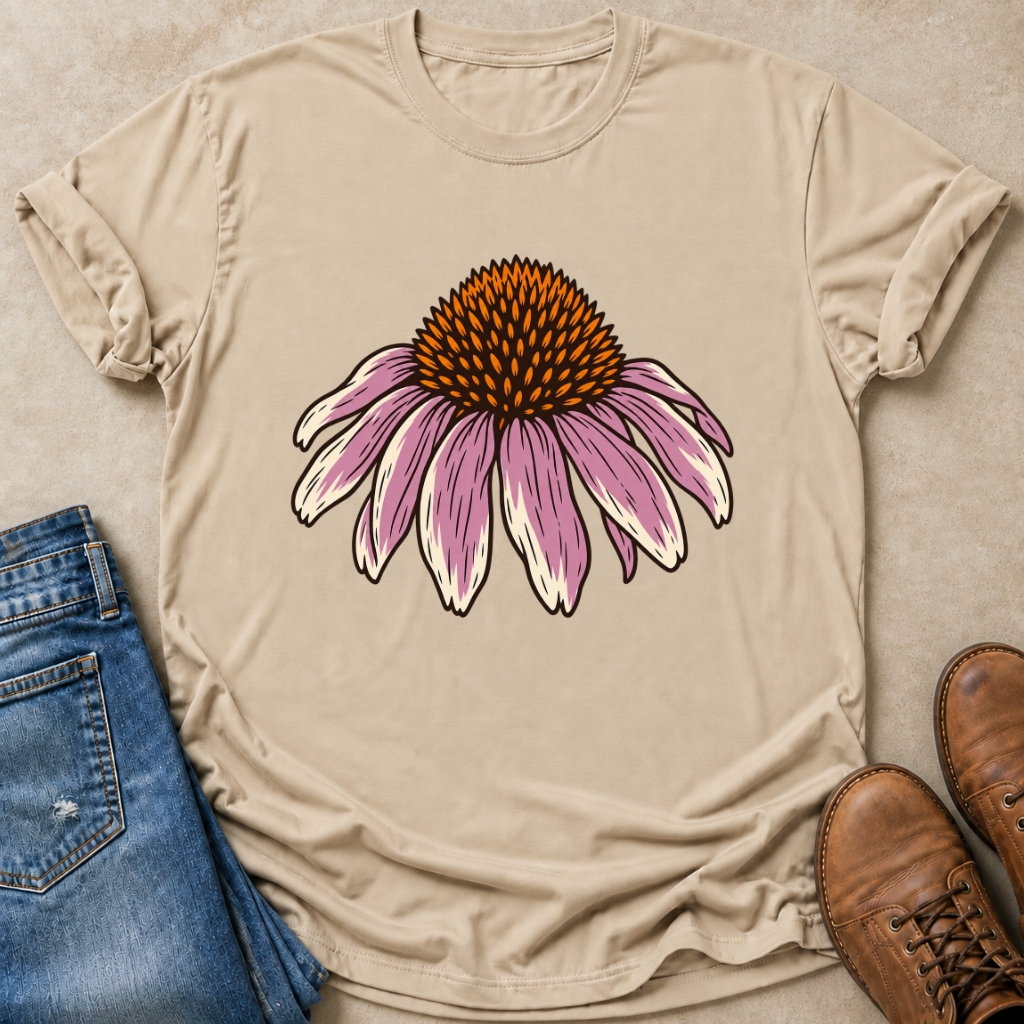 A sand colored t-shirt featuring a large pink and orange cone flower graphic on the front, styled in a flat-lay with blue jeans and brown leather boots on a beige background.