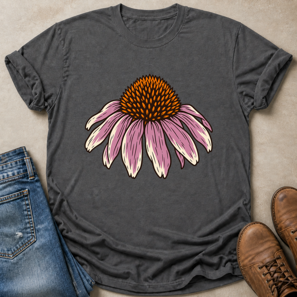 A dark gray t-shirt featuring a large pink and orange cone flower graphic on the front, styled in a flat-lay with blue jeans and brown leather boots on a beige background.