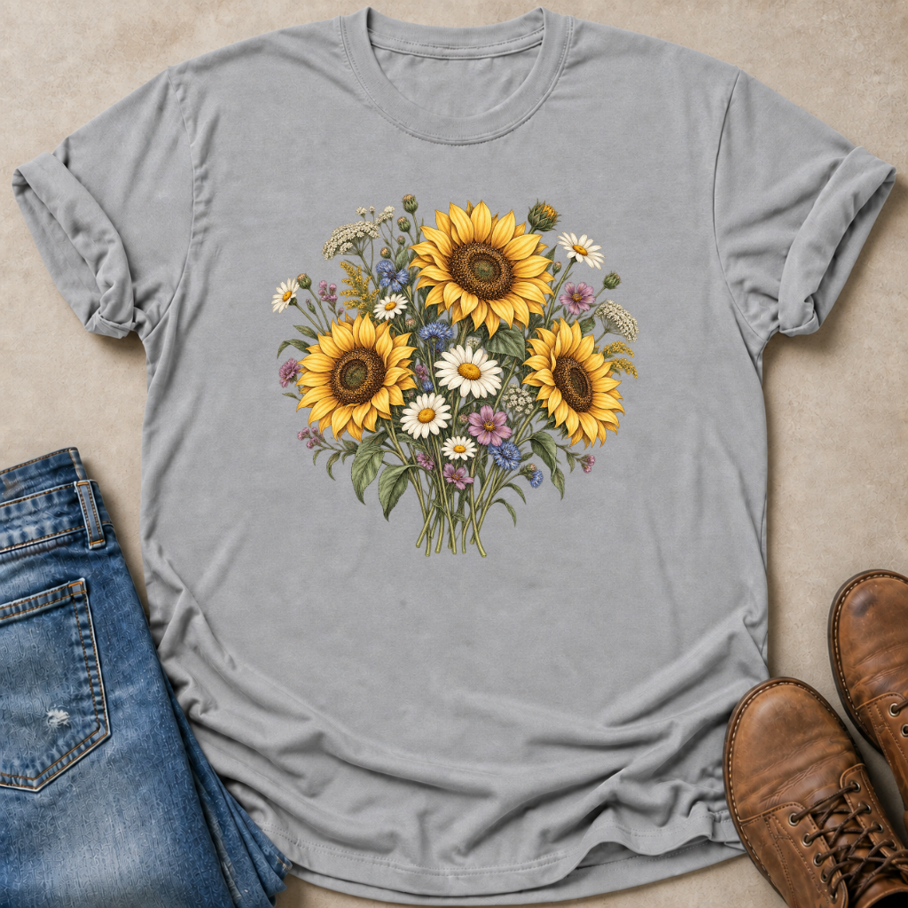 A light gray short-sleeve t-shirt with a colorful graphic of sunflowers and wildflowers, styled in a flat lay with blue jeans and brown leather boots on a beige textured background.