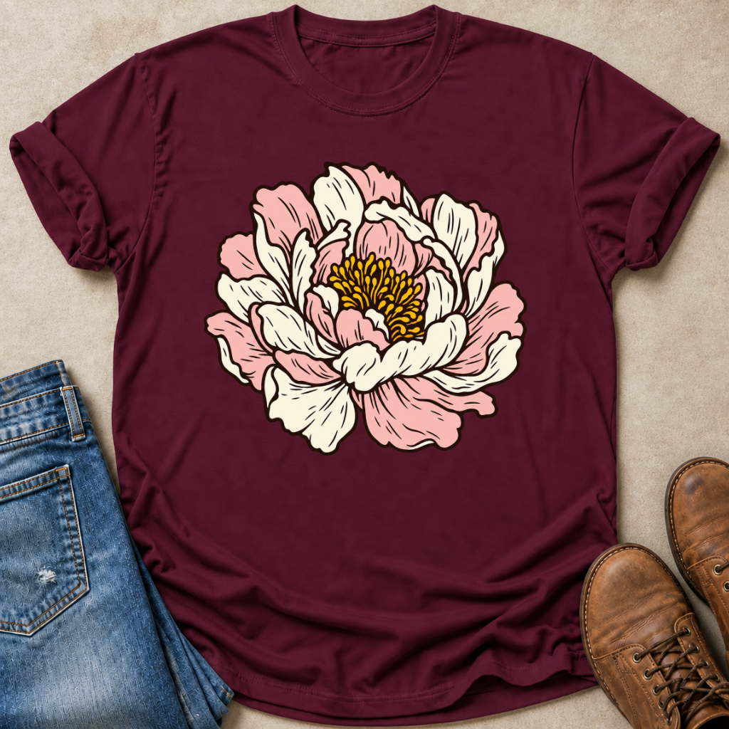 A maroon short-sleeve crewneck t-shirt featuring a large graphic of a pink and white peony flower with a yellow center. The shirt is styled in a flat-lay arrangement on a beige textured background, accompanied by blue jeans on the left and brown leather boots on the right.