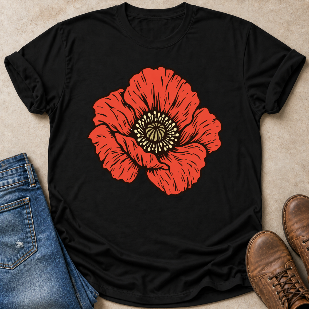 A black short-sleeve crewneck t-shirt featuring a large red poppy flower graphic on the front, styled in a flat lay with blue jeans, brown boots, and a beige textured background.