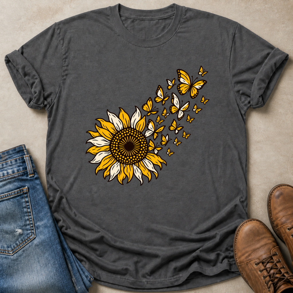 A dark gray heather t-shirt with a graphic of a yellow and white sunflower turning into butterflies, styled in a flat lay with blue jeans and brown leather boots on a beige background.