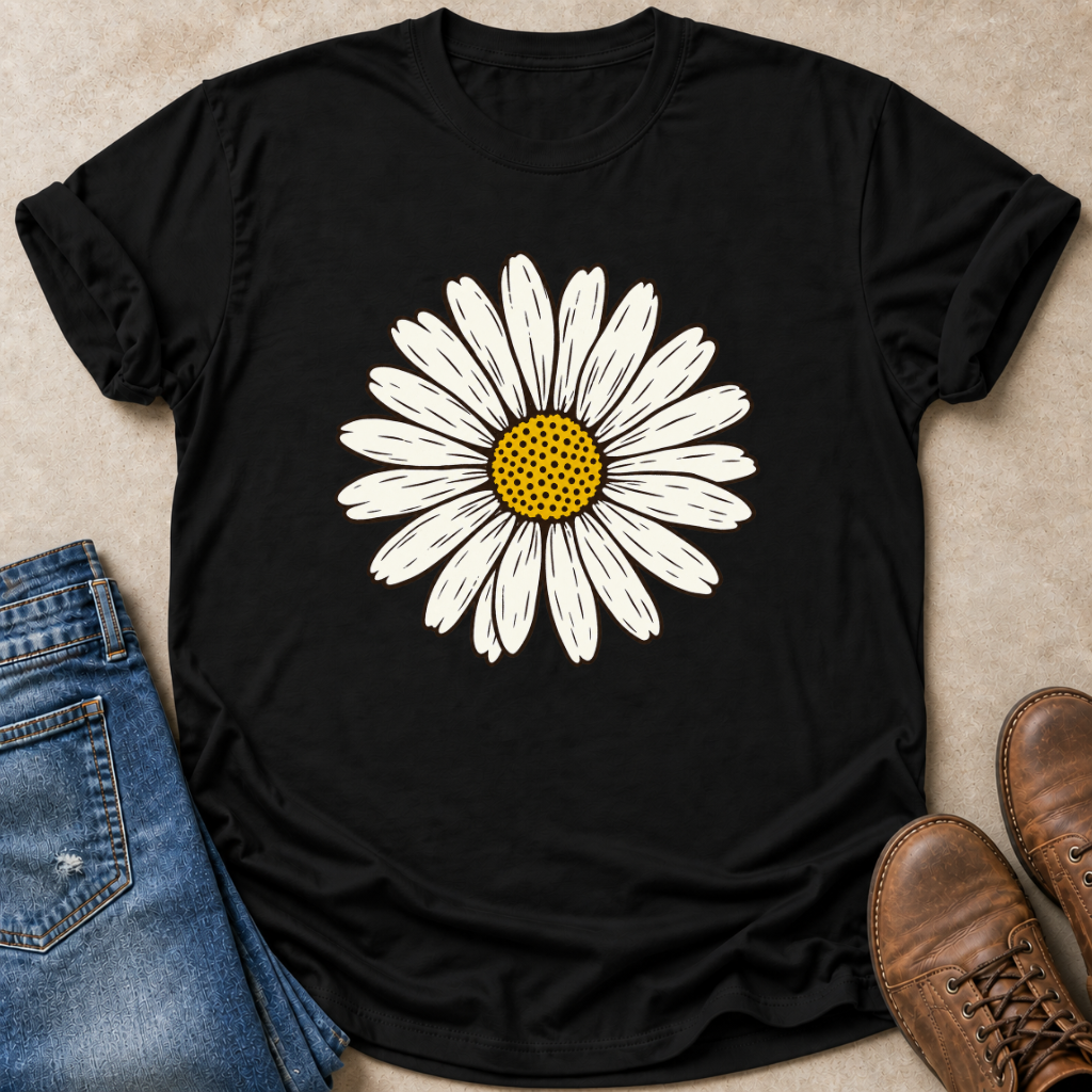 A black short-sleeve crewneck t-shirt featuring a large white daisy graphic with a yellow center, styled in a flat lay with blue jeans and brown leather boots on a beige textured background.