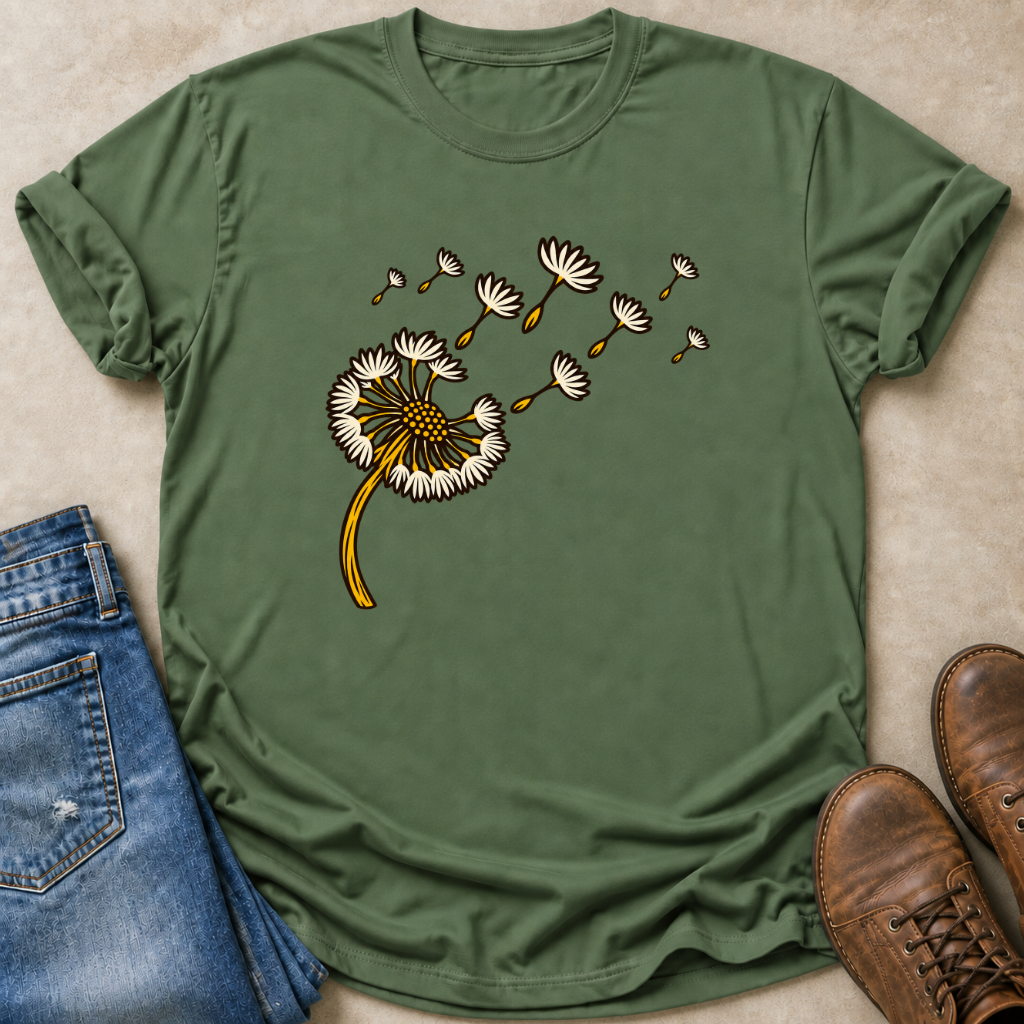 An olive green short-sleeve t-shirt with a graphic of a dandelion and blowing seeds, styled in a flat-lay with blue jeans and brown leather boots on a beige background.