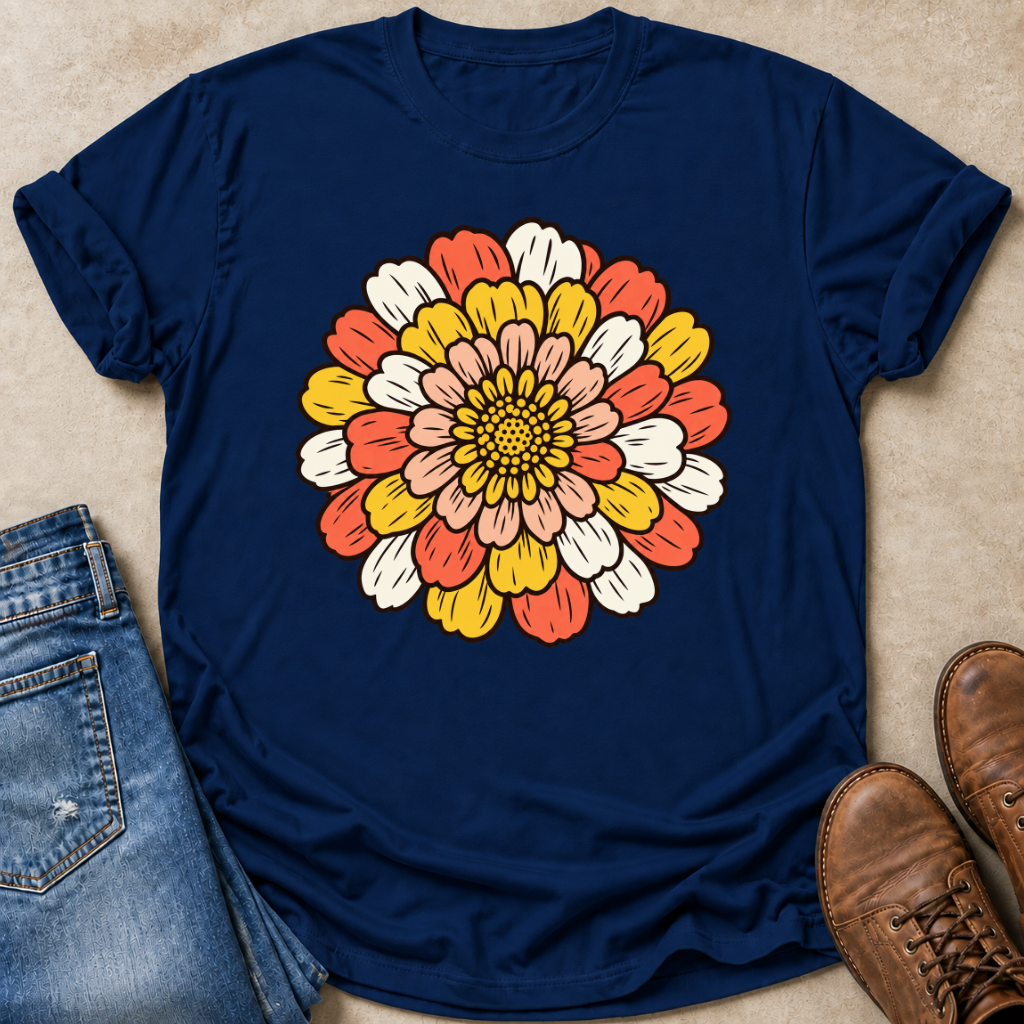A navy blue short-sleeve t-shirt with a large retro-style zennia flower graphic on the chest, styled in a flat-lay with blue jeans and brown leather boots on a beige textured background.