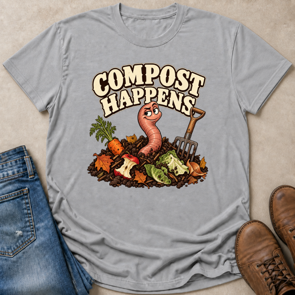 A light gray graphic t-shirt featuring a cartoon worm and compost illustration with the text 'COMPOST HAPPENS'. The shirt is styled in a flat-lay arrangement on a beige surface, accompanied by blue jeans and brown leather shoes.